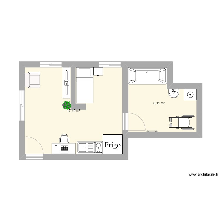 maison Folin. Plan de 2 pièces et 26 m2