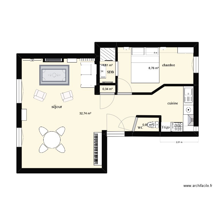 plan. Plan de 5 pièces et 44 m2