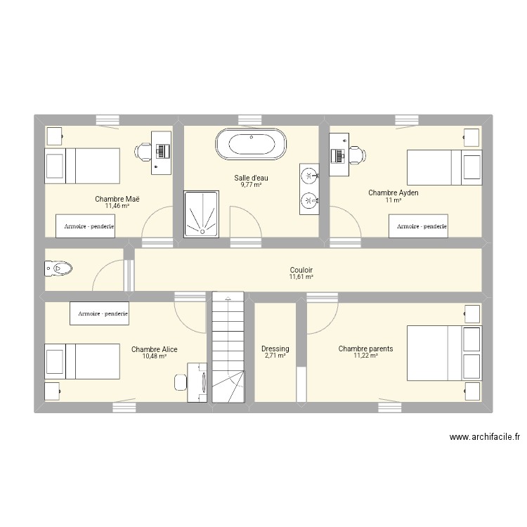 Maison étage. Plan de 7 pièces et 68 m2