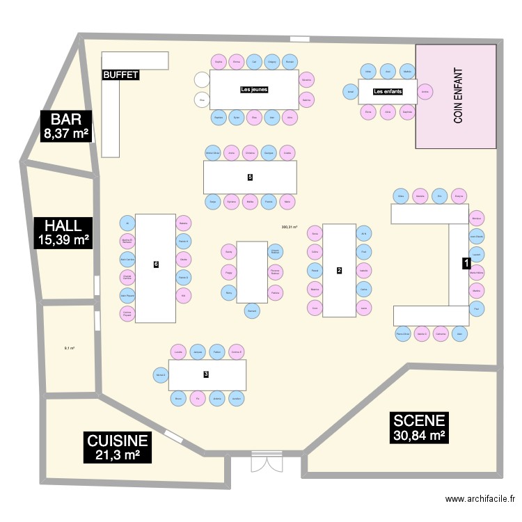 Mariage. Plan de 6 pièces et 385 m2