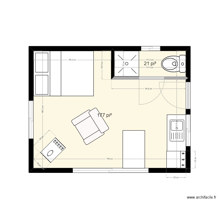 Abris forestier version 3. Plan de 2 pièces et 18 m2