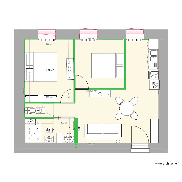 plan    de base  avec  équipements  v1. Plan de 3 pièces et 77 m2