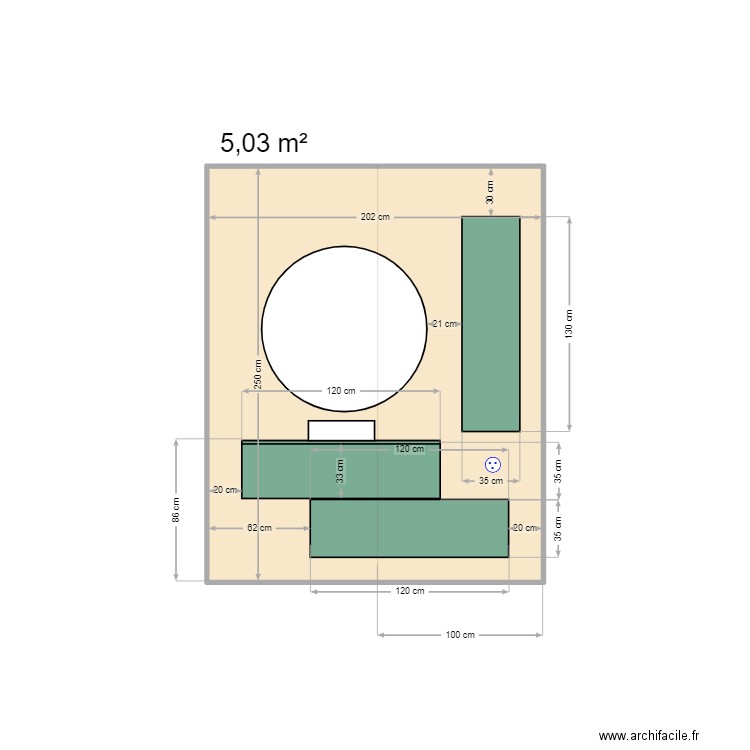 Plan meubles salle de bain N°2 avec vasque posée. Plan de 1 pièce et 5 m2