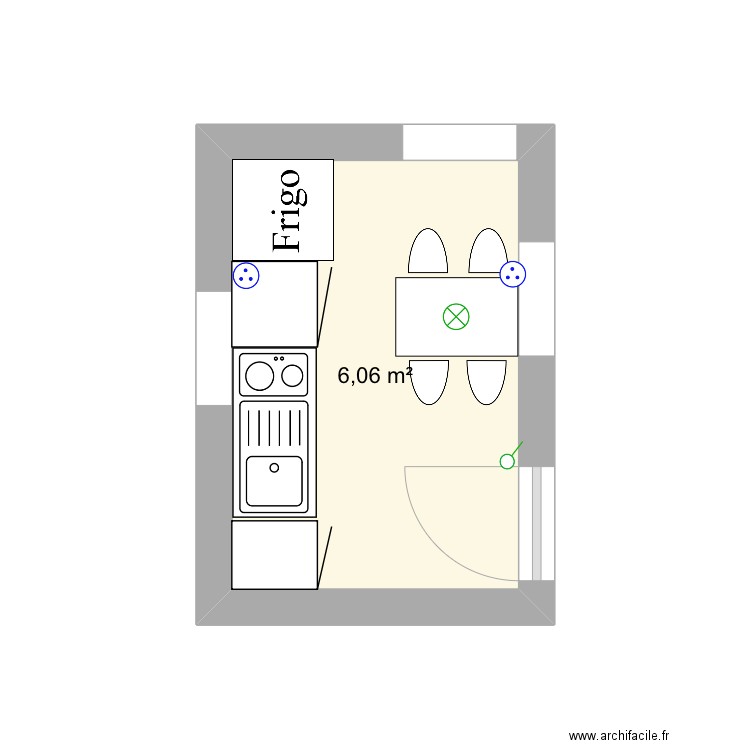 Cuisinette . Plan de 1 pièce et 6 m2