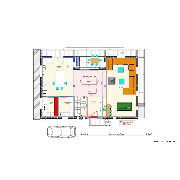 RC Béné inversé. Plan de 9 pièces et 96 m2