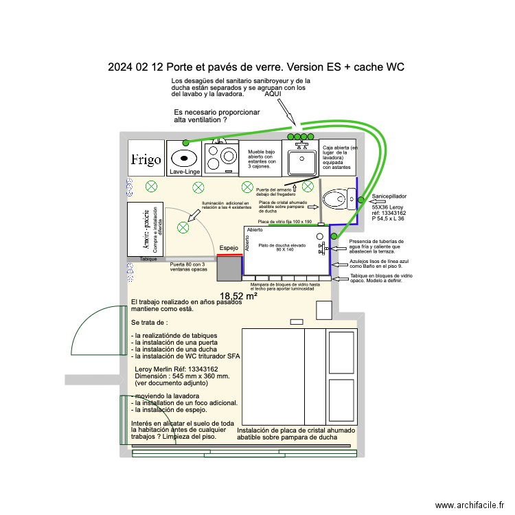 2024 02 29 avec porte et bloc de verre Version ES +Cache wc. Plan de 1 pièce et 19 m2