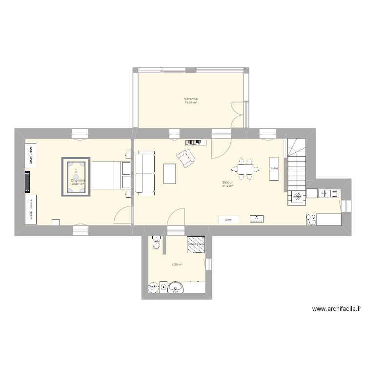 Maison 1er niveau. Plan de 4 pièces et 88 m2