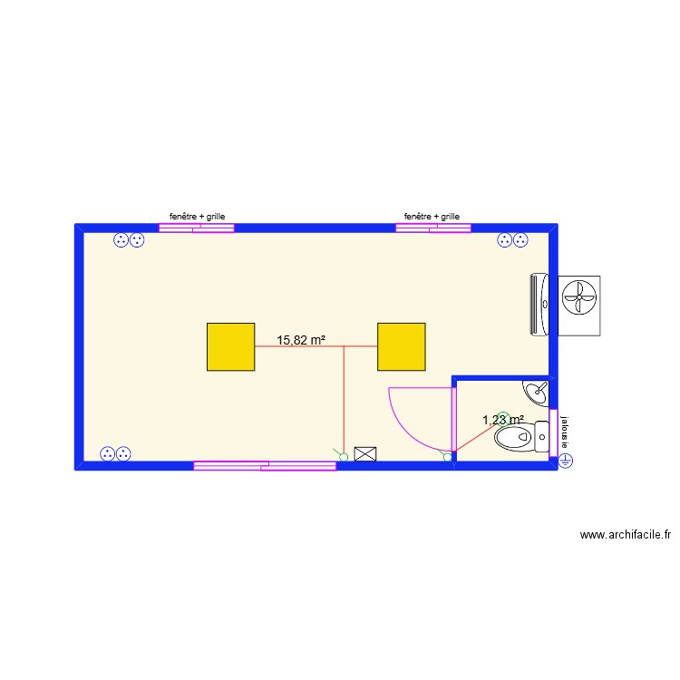 Weber. Plan de 2 pièces et 17 m2