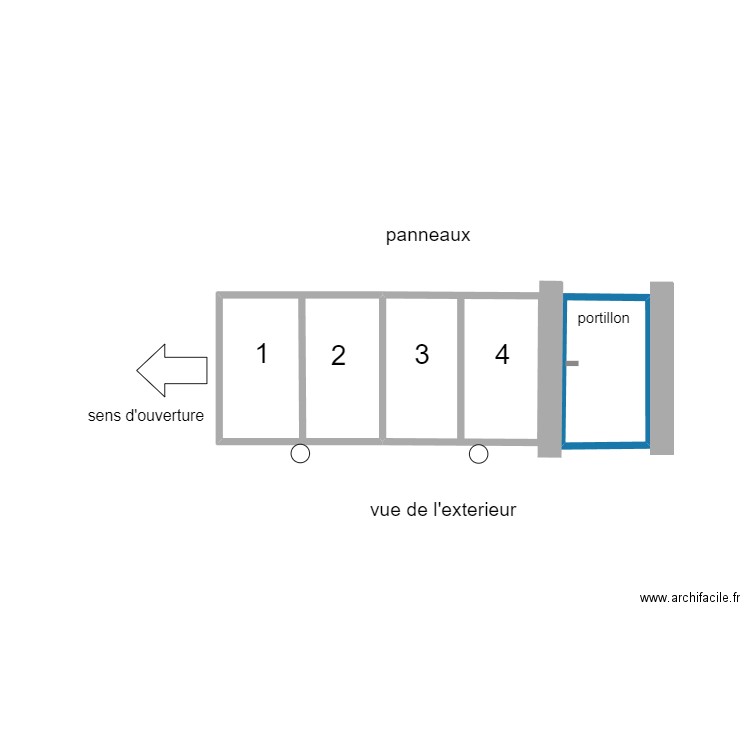 portail 4 panneaux et portillon. Plan de 2 pièces et 6 m2