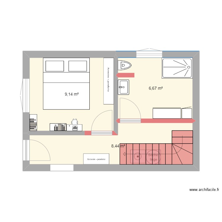 projet escalier sdb chambre parents. Plan de 3 pièces et 24 m2