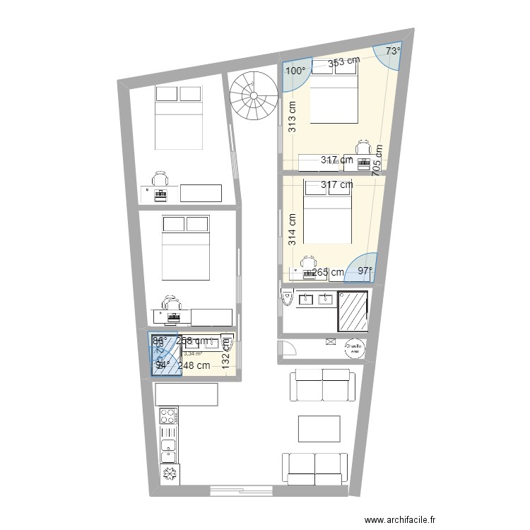 Kerb 1. Plan de 2 pièces et 23 m2