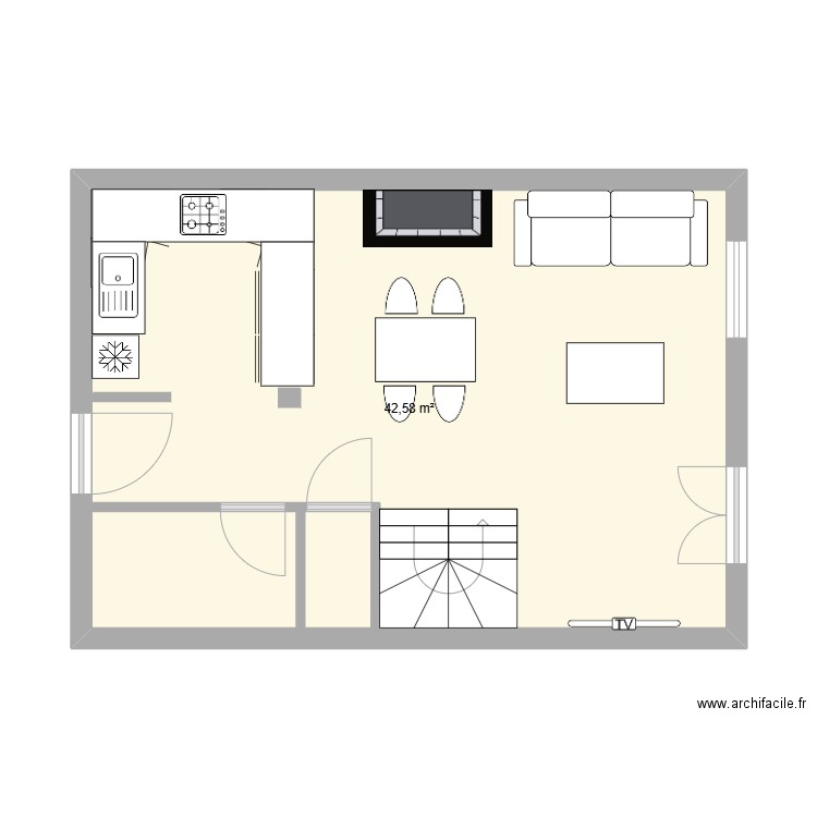 rdc. Plan de 1 pièce et 43 m2