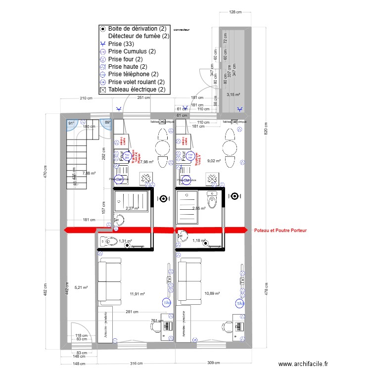 immeuble1 RDC Elec V1 2 studios. Plan de 11 pièces et 64 m2