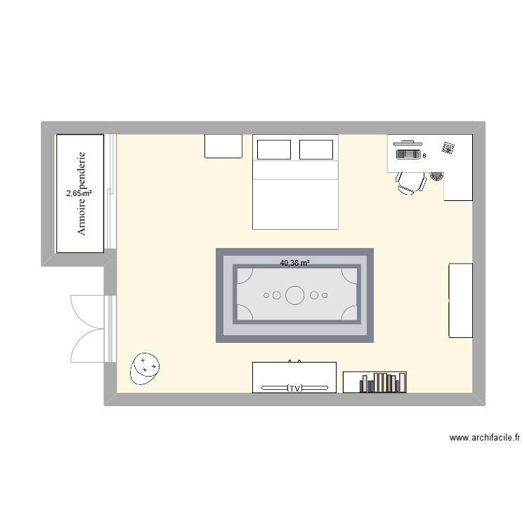 Chambre espagnol. Plan de 2 pièces et 43 m2