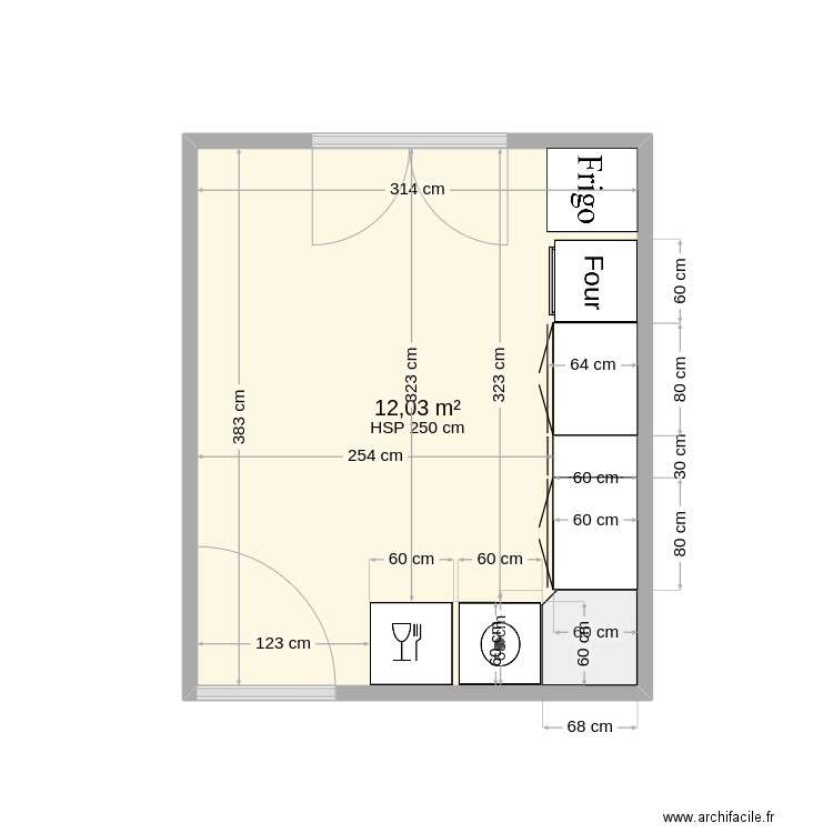 cuisine. Plan de 1 pièce et 12 m2