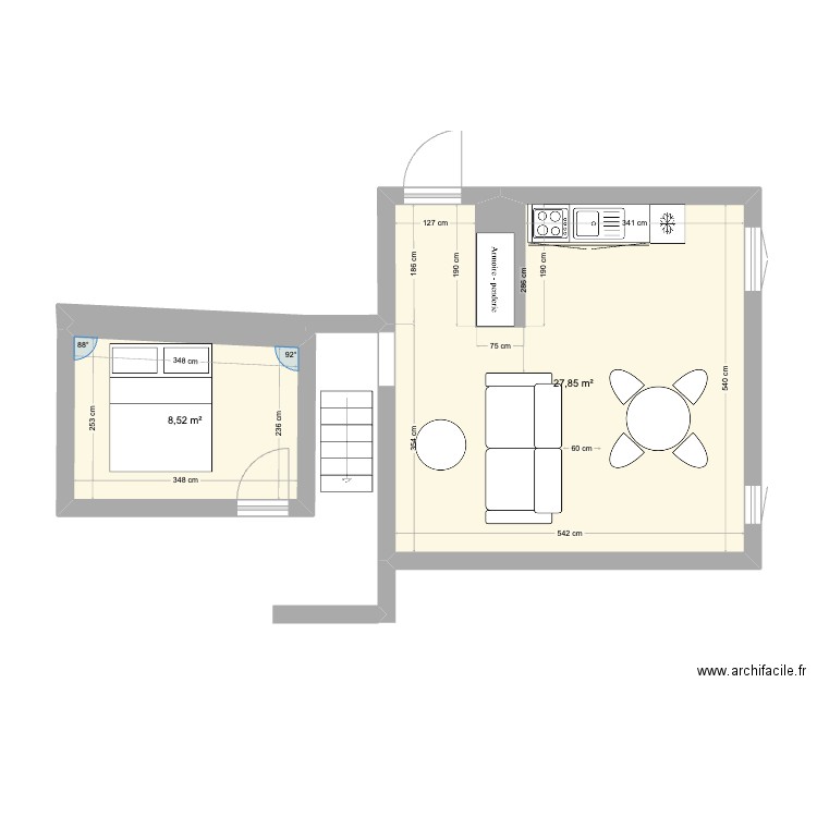 Aubernon. Plan de 2 pièces et 36 m2