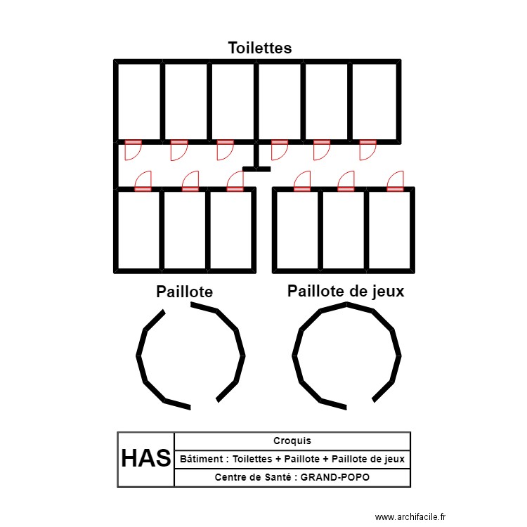 CROQUIS TOILETTES + PAILLOTE + PAILLOTE DE JEUX CSC GRAND-POPO. Plan de 14 pièces et 33 m2