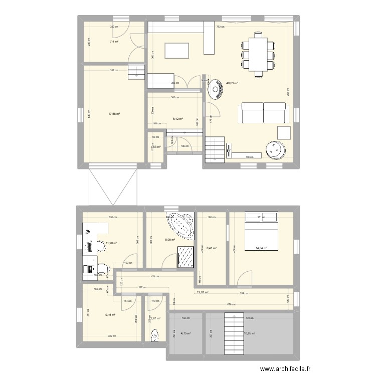 RDC. Plan de 14 pièces et 163 m2