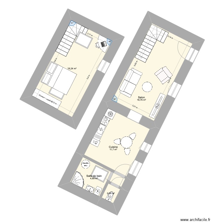 Atelier. Plan de 5 pièces et 55 m2