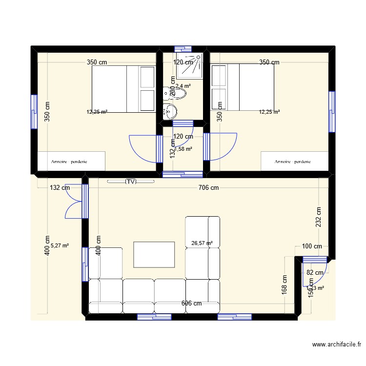 F3 sans cuisine. Plan de 7 pièces et 62 m2