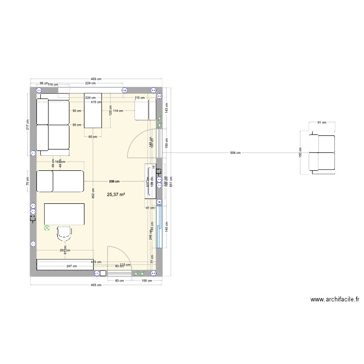 Bureau Dimensions exactes. Plan de 1 pièce et 25 m2