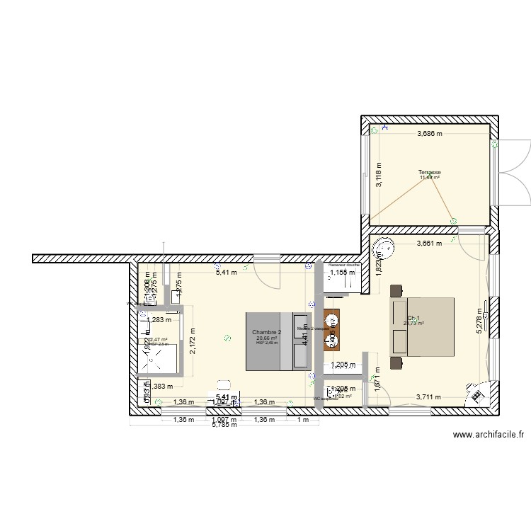 RDC Ch1 et Ch 2. Plan de 5 pièces et 59 m2