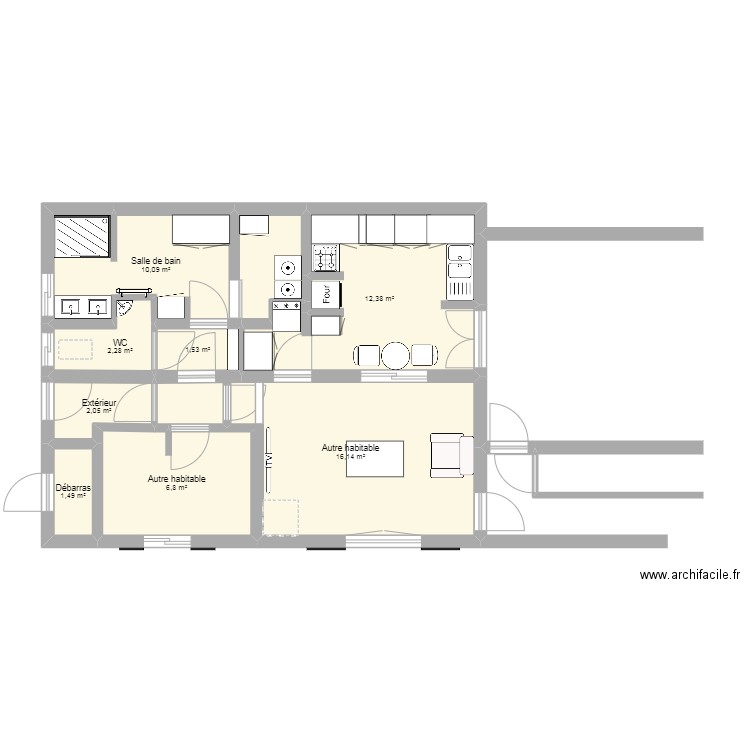 Cuisine SdB 2024. Plan de 8 pièces et 53 m2