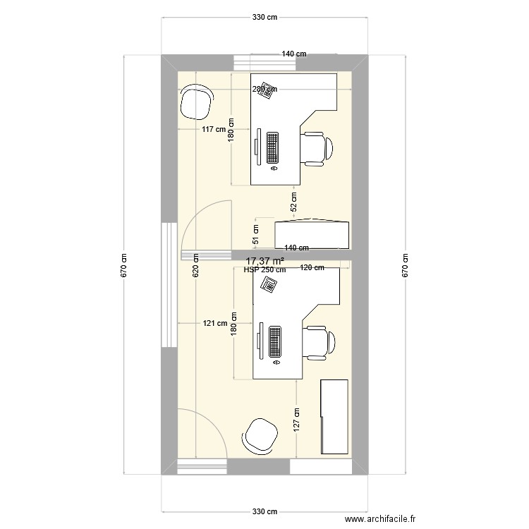 bureau 2. Plan de 1 pièce et 17 m2