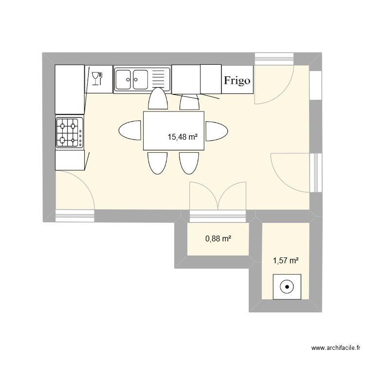 Cuisine Néons. Plan de 3 pièces et 18 m2