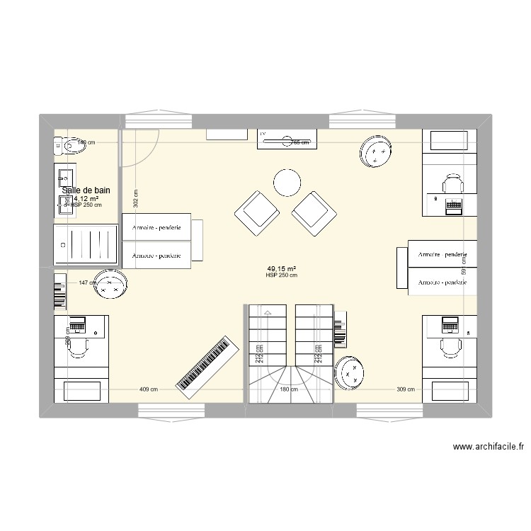 Niveau R+1 - Modifié deuxième idée bis. Plan de 2 pièces et 53 m2