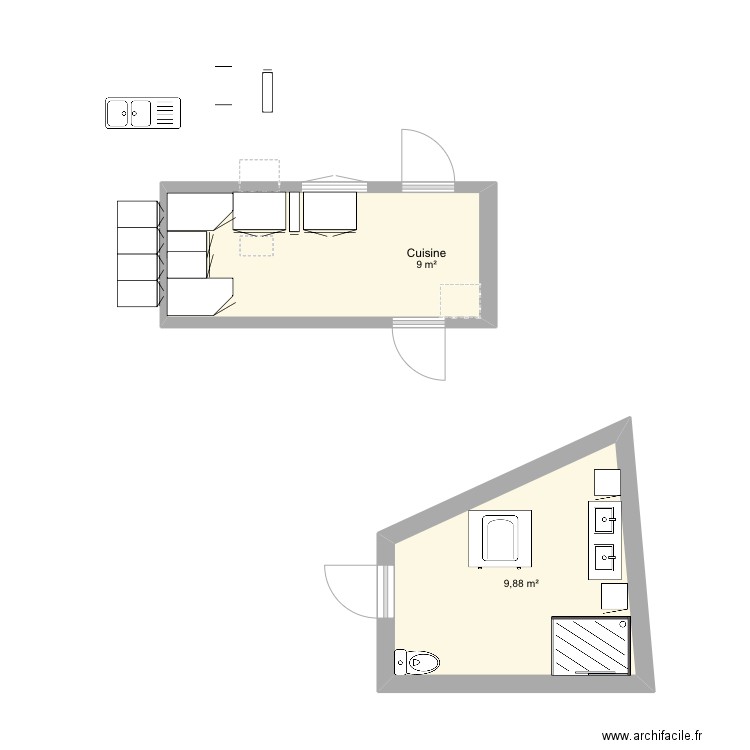 Salle de bain. Plan de 2 pièces et 19 m2