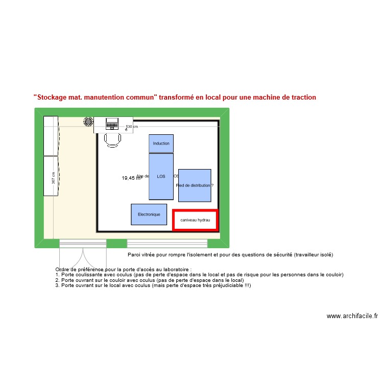 Stockage mat. manutention commun - Version alternative pour machine d'essai. Plan de 1 pièce et 19 m2