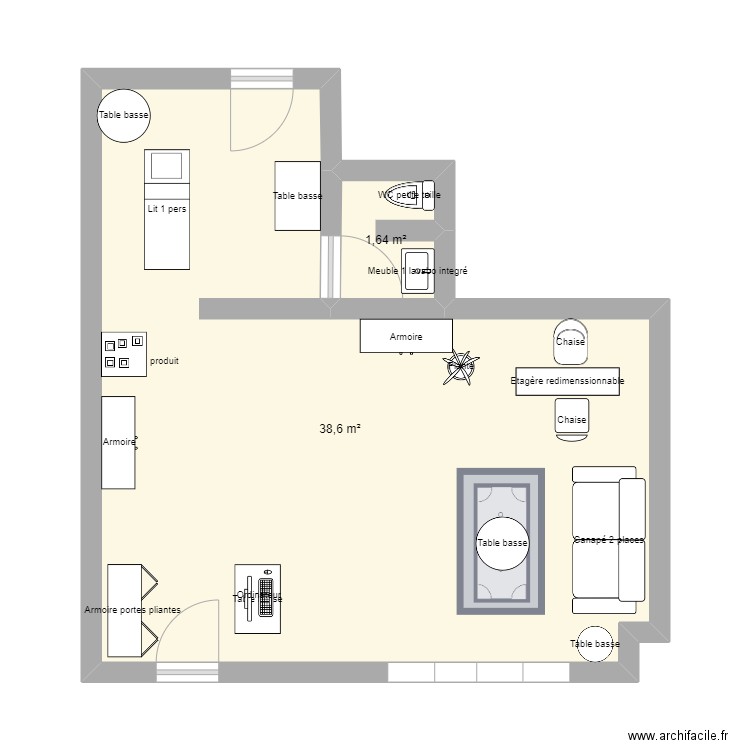 salon. Plan de 2 pièces et 40 m2