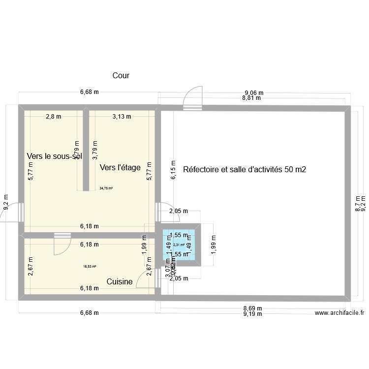 Réfectoire et salle d'activités. Plan de 3 pièces et 54 m2