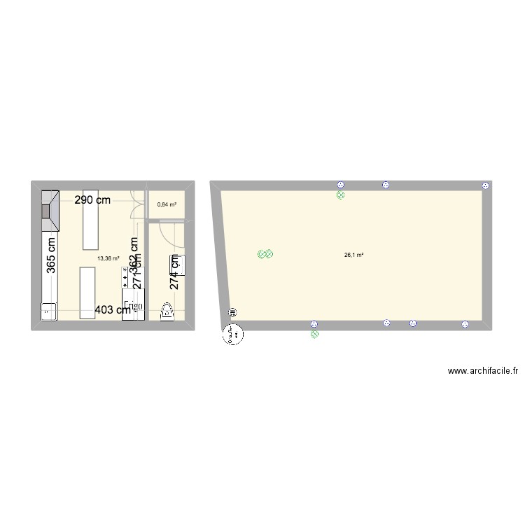 RDC. Plan de 3 pièces et 40 m2