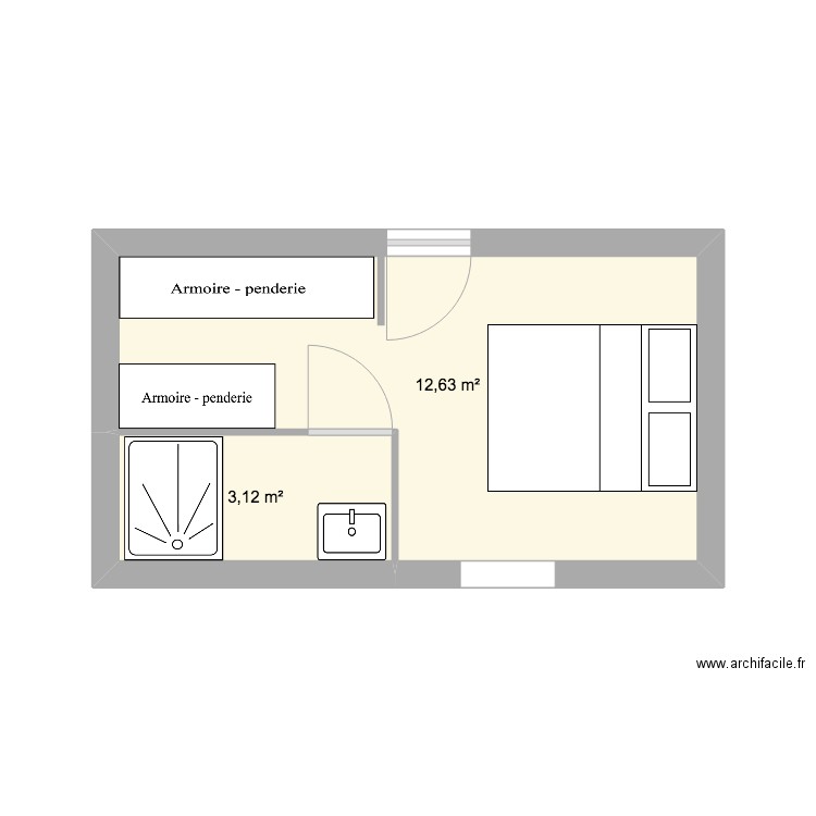 chambre . Plan de 2 pièces et 16 m2