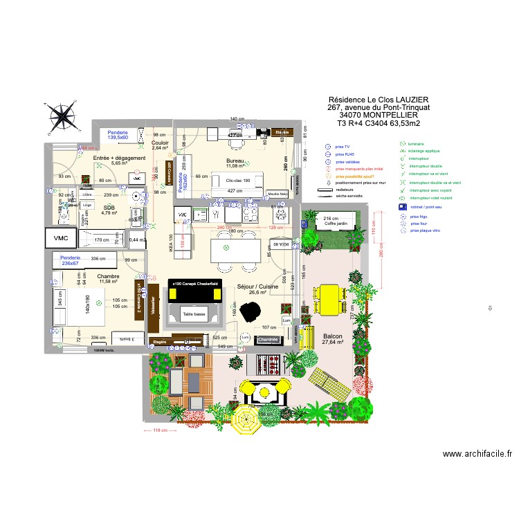 T3 C3404 _ Résidence Le Clos Lauzier 4 (cuisine 2,4m choix 2). Plan de 8 pièces et 91 m2