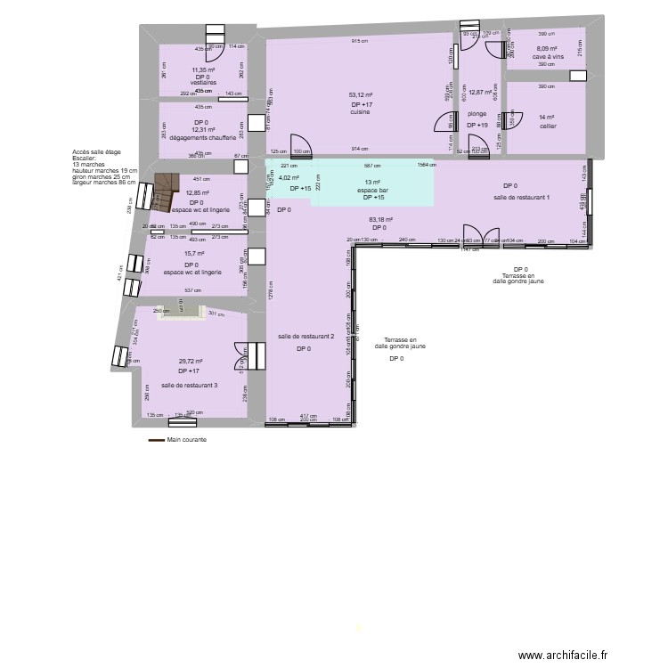 AUBERGE DES ISLES AVANT TRAVAUX ZOOM. Plan de 13 pièces et 288 m2