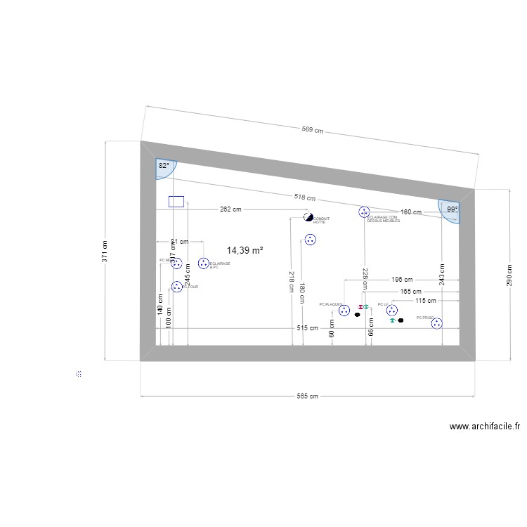 cuisine elec & plomberie. Plan de 1 pièce et 14 m2