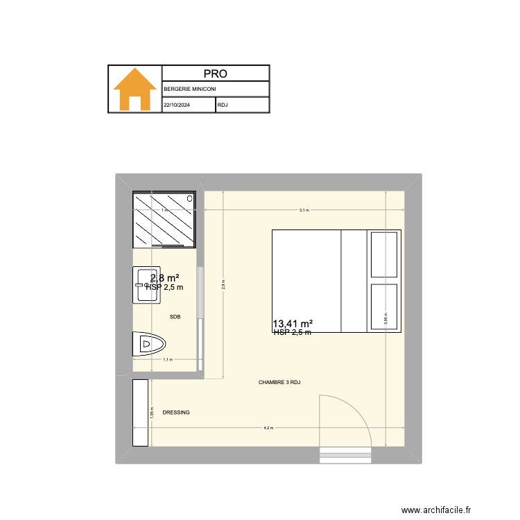 CHAMBRE 3 RDJ. Plan de 2 pièces et 16 m2