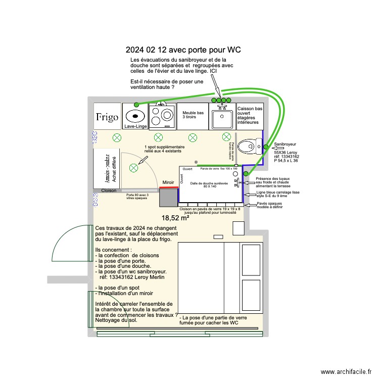 2024 02 12 avec porte pour WC . Plan de 1 pièce et 19 m2