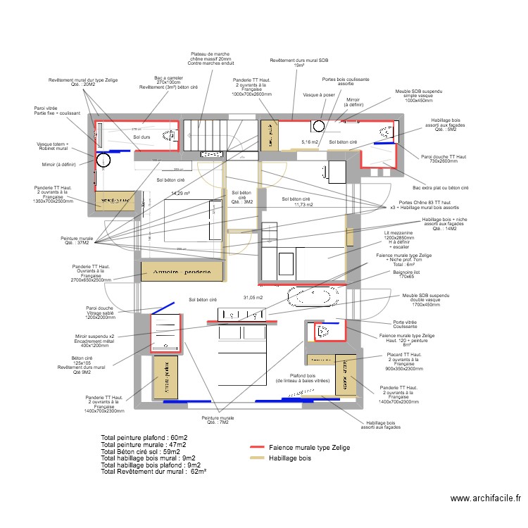 Roc Mer RDC - Agencement + Matériaux 2. Plan de 1 pièce et 14 m2