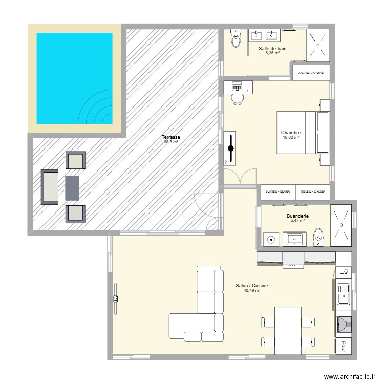 T2 de 70.33 m2 + piscine. Plan de 5 pièces et 109 m2