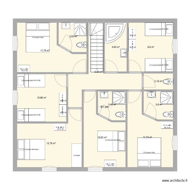 ETAGE PAVILLON DE CHASSE V1. Plan de 12 pièces et 96 m2