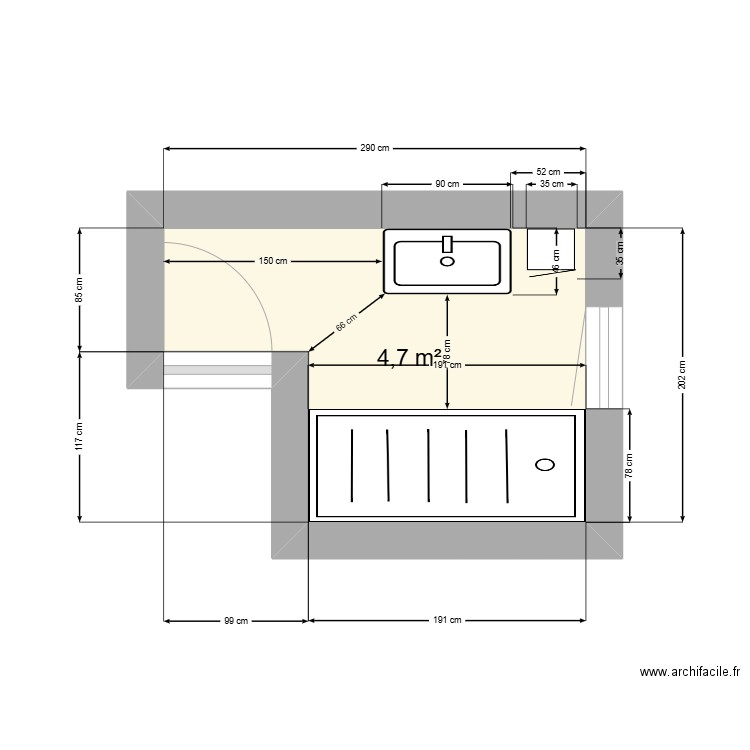 salle d'eau. Plan de 1 pièce et 5 m2