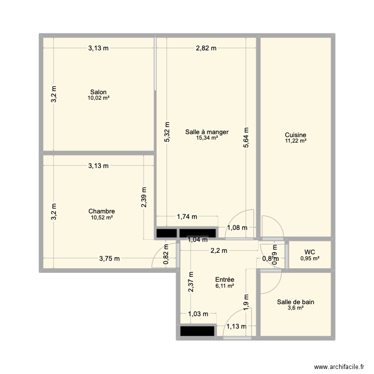 T3 Gonin. Plan de 10 pièces et 58 m2