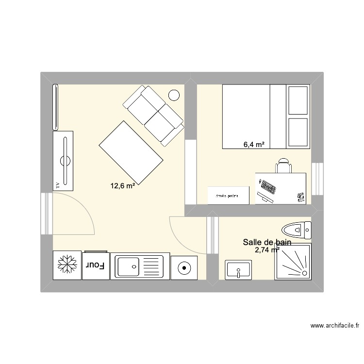 Appart. Plan de 3 pièces et 22 m2