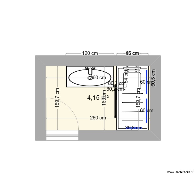 sdb boussier. Plan de 1 pièce et 4 m2