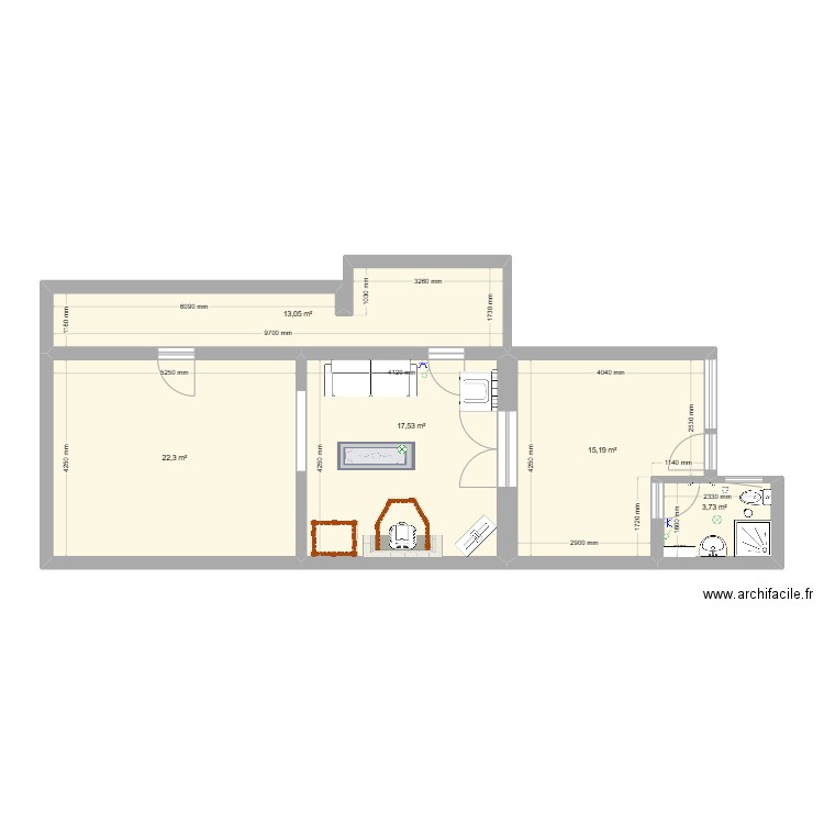 salle de bain. Plan de 5 pièces et 72 m2