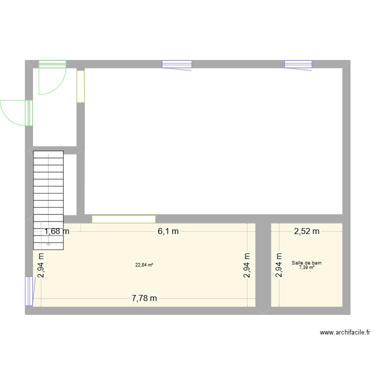 RDC vierge. Plan de 2 pièces et 30 m2